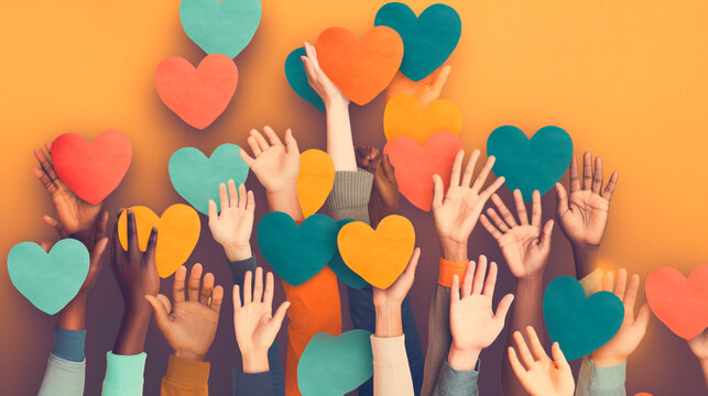 Group of diverse people with arms and hands raised towards hand painted hearts. Charity donation, volunteer work, support, assistance. multicultural community. people diversity. Generative AI