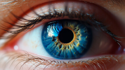 Human blue eye realistic beautiful closeup zoom. Generative AI - obrazy, fototapety, plakaty