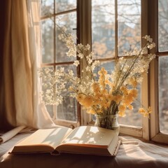 an open book with flowers in front of the window Generative Ai