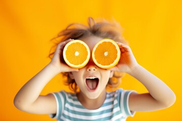 Funny summer boy places two oranges in his eyes as binoculars. AI generated fictional person.