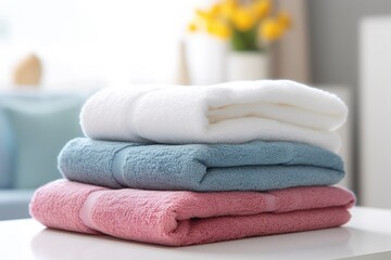 Impeccably arranged cotton towels await in the vibrant hotel suite, promising ultimate comfort and relaxation. AI Generated.