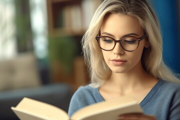 Lost in the pages of a captivating novel, the pretty young woman with glasses dives into another world. AI generated fictional person.