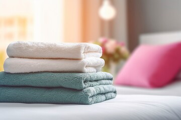 Obraz na płótnie Canvas Neatly folded towels in a bright hotel room. Ai generated.