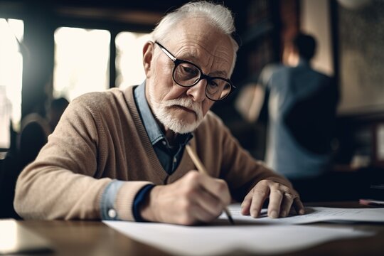 Senior man pencils his memoirs. Ai generated.
