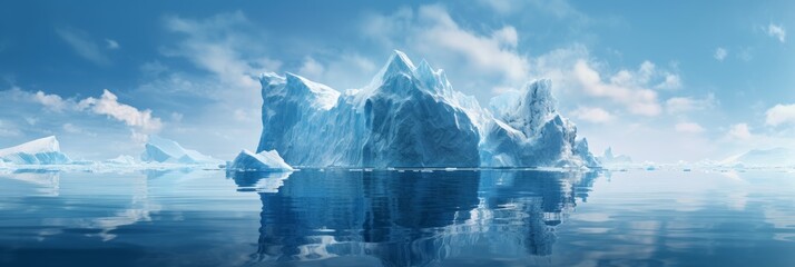A massive floating iceberg in the water, with a visible tip above the water and a submerged portion below it. Generative AI