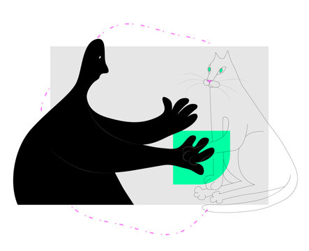 A man holding a cat's paw in his hand, a figurative, symbolic illustration of the love, relationship and connection between humans and pets