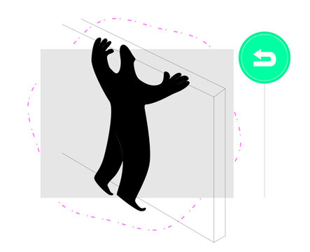 Person looking behind a wall, symbolic vector illustration about imaginary obstacles in life, about dead ends, difficult unconquerable circumstances and boundaries