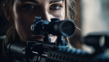 One woman aiming rifle with determination outdoors generated by AI