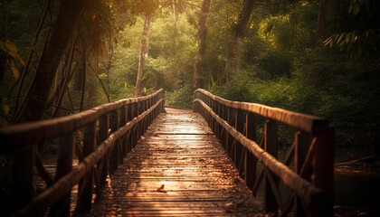 Fototapeta premium Tranquil footbridge crosses misty forest waterway generated by AI