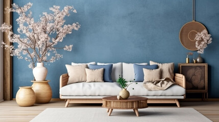 Japandi minimalist living room with frame mockup in white and blue tones. sofa, rattan furniture, and wallpaper. design of a farmhouse interior. Generative AI