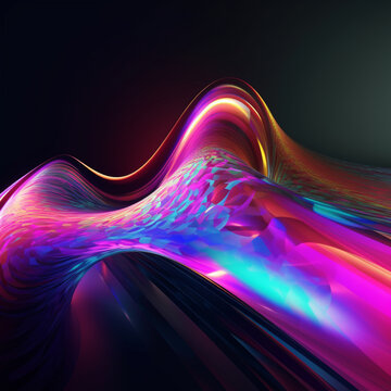 Fototapeta Abstract fluid 3d render holographic iridescent neon curved wave in motion background on the black background. Gradient design element for banners, backgrounds, wallpapers and covers. Generative AI