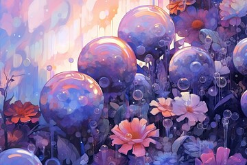 purple flowers and soap bubbles are shown Generative Ai