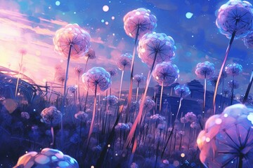 purple flowers and soap bubbles are shown Generative Ai