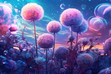 purple flowers and soap bubbles are shown Generative Ai