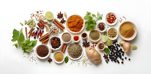 High Definition Commercial Imagery of Asian Spices and Herbs, Top View, White Background, Minimalistic, Functional Aesthetics, Generative Ai, Generative, Ki