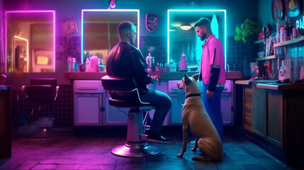Stylish dog surrounded by neon lamps, grooming and dog care concept. Illustration, Generative AI