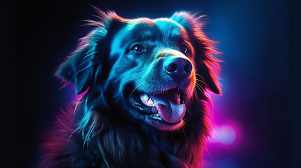 Stylish cute dog with neon light and open mouth on a solid background, illustration, generative ai