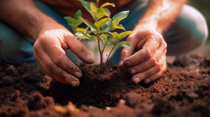 Person planting trees or working in community garden promoting local food production and habitat restoration, concept of Sustainability and Community Engagement. Generative AI