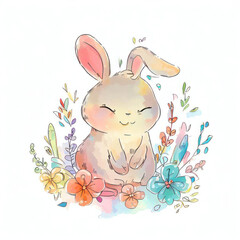 Fototapeta premium Cute Bunny in Colorful Watercolor Blooms, Generative AI