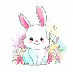 Watercolor Illustration of a Cute Bunny, Generative AI