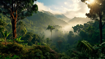 Rainforest landscape with trees and fog - theme conservation, climate change and renewable energy. Generative AI