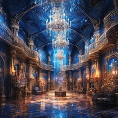 colorful room with chandeliers and blue interior Generative Ai - obrazy, fototapety, plakaty