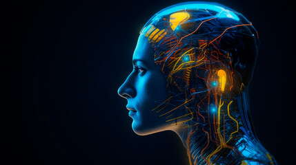 Obraz premium Side view of a humanoid head with blue and yellow eyes and vibrant neon neural network, representing futuristic technology and artificial intelligence. Generative AI