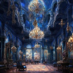 colorful room with chandeliers and blue interior Generative Ai