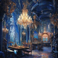 colorful room with chandeliers and blue interior Generative Ai