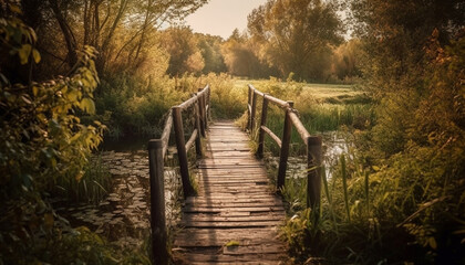 Tranquil footbridge over blue water in autumn forest generated by AI