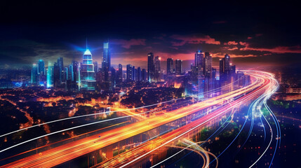 Smart digital city with high speed light trail of cars of digital data transfer. Generative AI