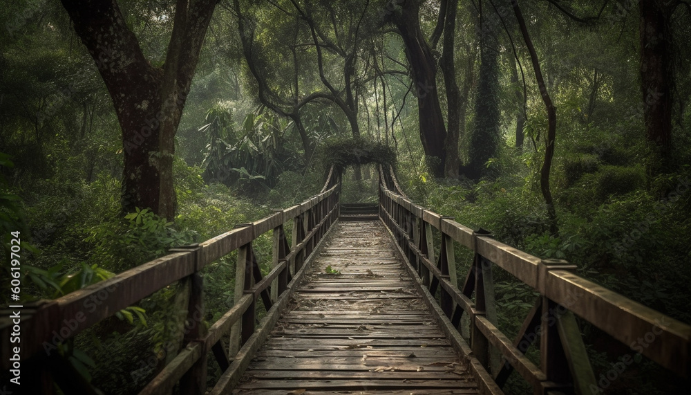 Sticker Walking on footbridge through tropical rainforest adventure generated by AI