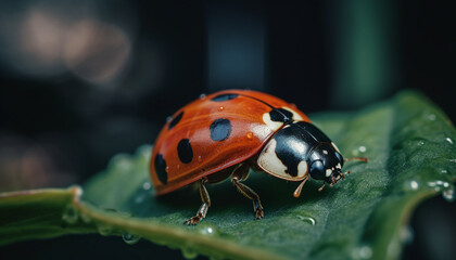Obraz premium Spotted ladybug crawling on green leaf outdoors generated by AI