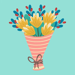 Bouquet of flowers. Illustration of flowers. Design element for greeting card, invitation, print, sticker. Illustration for birthday, mother's day, valentine's and woman's day.	