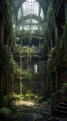 a large building with lush, green plants and trees Generative Ai