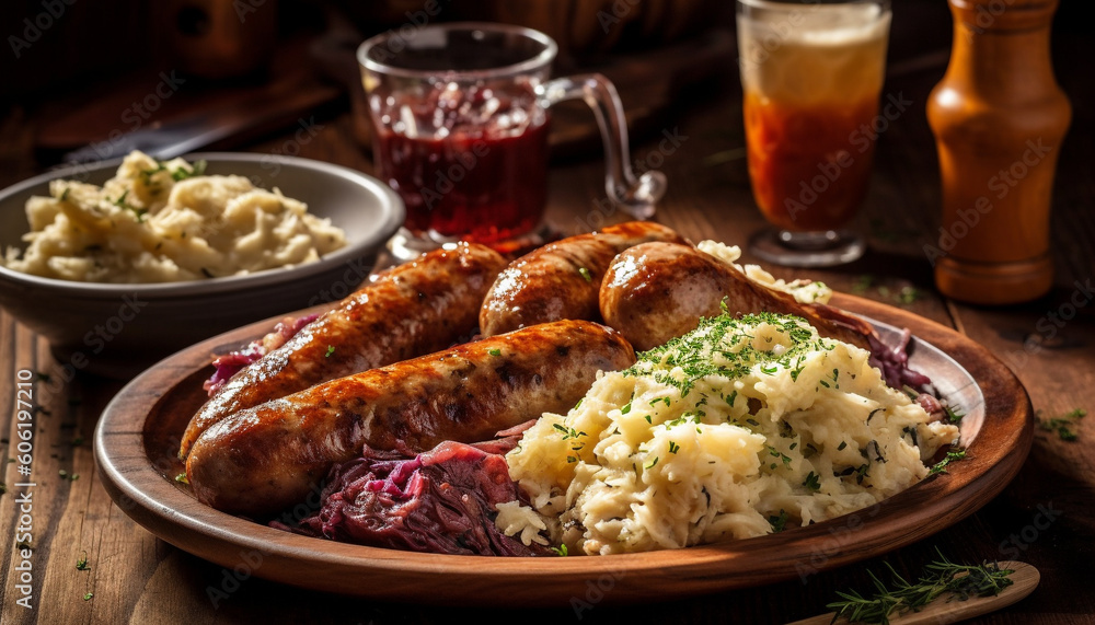 Poster grilled pork and beef on rustic table generated by ai