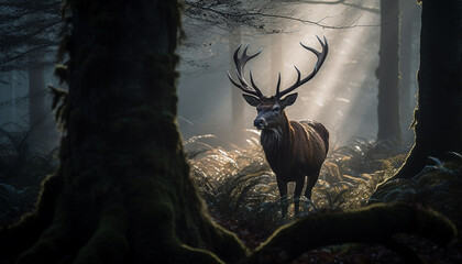 Horned stag stands tall in misty forest generated by AI