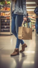 A girl holds paper bags in her hands in a store. Blurred background. Generative AI - obrazy, fototapety, plakaty