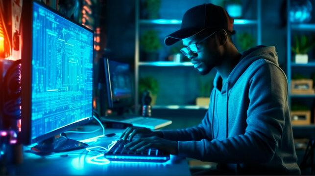 software development concept. Coding programmer, software engineer working on laptop with javascript computer code on virtual screen, internet of things IoT, digital technology. Generative AI