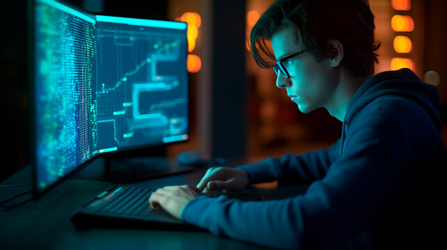 software development concept. Coding programmer, software engineer working on laptop with javascript computer code on virtual screen, internet of things IoT, digital technology. Generative AI