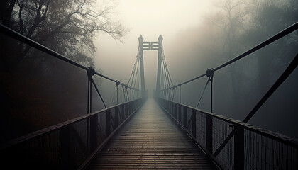 Suspension bridge vanishing into foggy autumn forest generated by AI