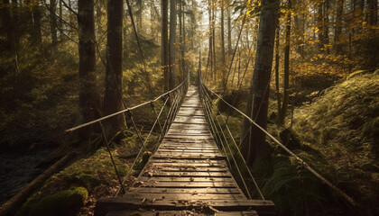 Obraz premium Autumn footpath winds through tranquil forest landscape generated by AI