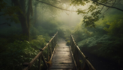 Mysterious fog shrouds abandoned bridge in dawn generated by AI