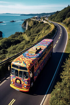 Colorful Hippie Flower Power Bus on an American Road - generative AI