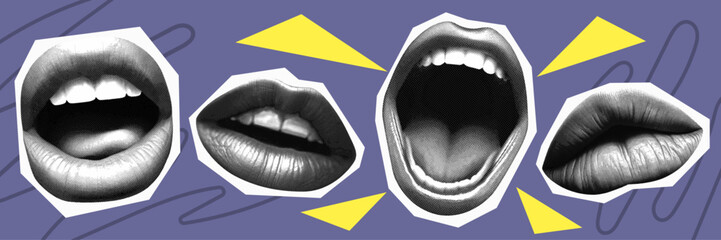 lips isolated mouth set collage elements for mixed media design with tongue teeth in halftone texture vintage dotted pop art style  retro grunge punk crazy templates - obrazy, fototapety, plakaty