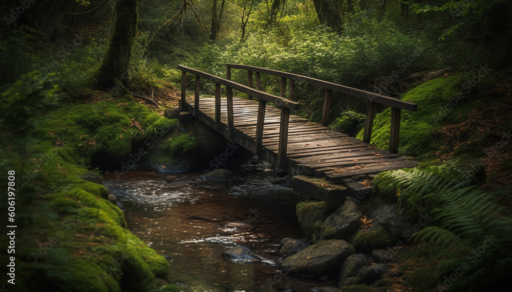 Poster tranquil scene of a forest footpath bridge generated by ai