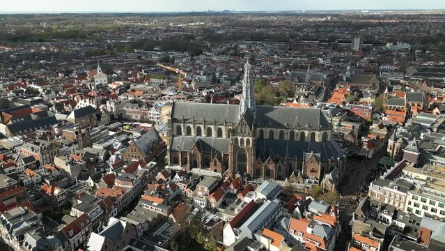 Aerial shot of The Grote Kerk or St.-Bavokerk church in Haarlem, Netherlands
