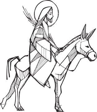 Hand drawn illustration of Jesus enters Jerusalem on a donkey.