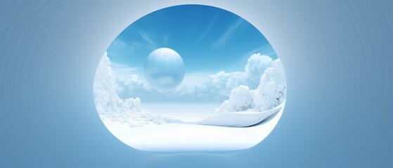 Minimalist blue background with tunnel and white clouds. Generative AI