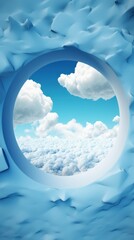 Fototapeta na wymiar Minimalist blue background with tunnel and white clouds. Generative AI